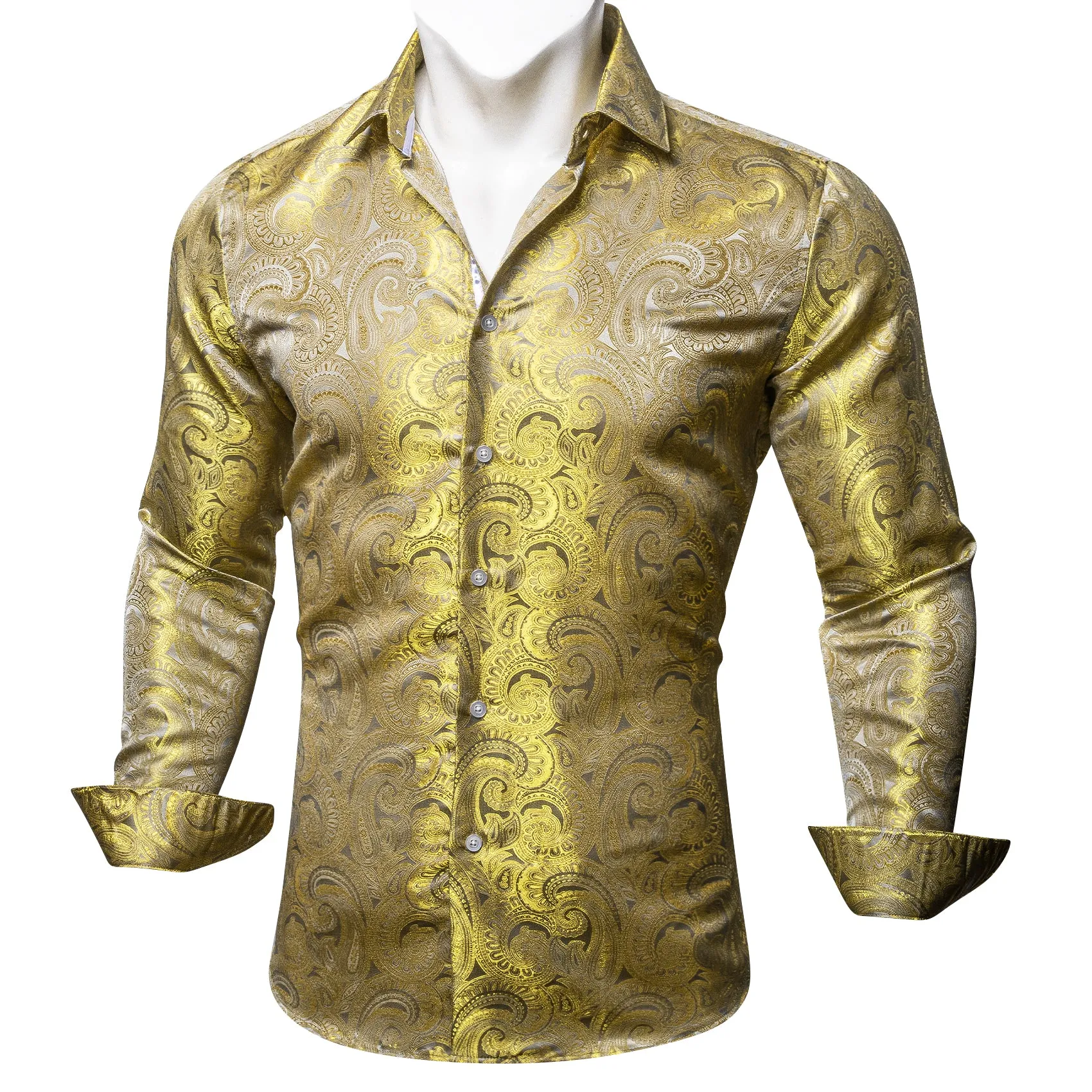 Barry Wang Button Down Shirt Gold Paisley Silk Men's Long Sleeve Shirt sold by Barrywang product image thumbnail 4