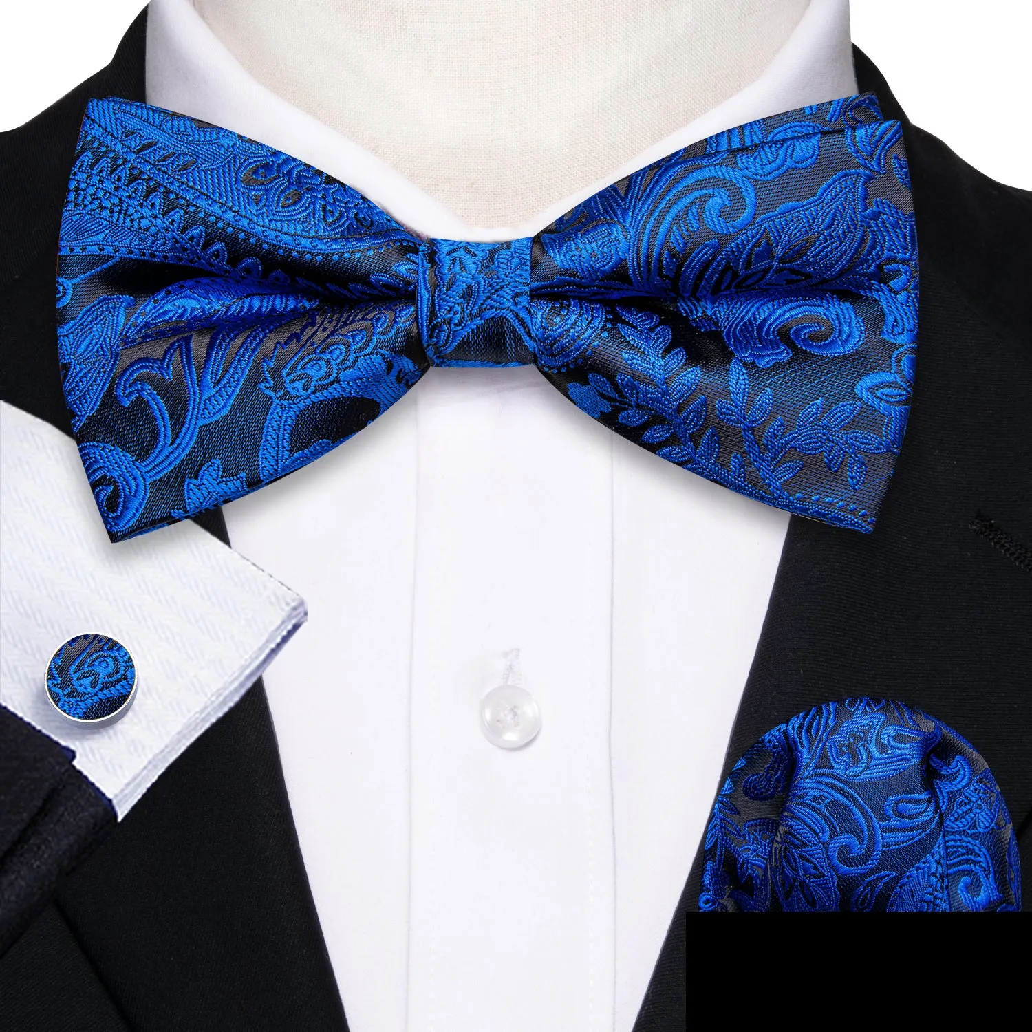 Barry. Wang Peacock Blue Paisley Pre-tied Bow Tie Hanky Cufflinks Set sold by Barrywang product image thumbnail 2