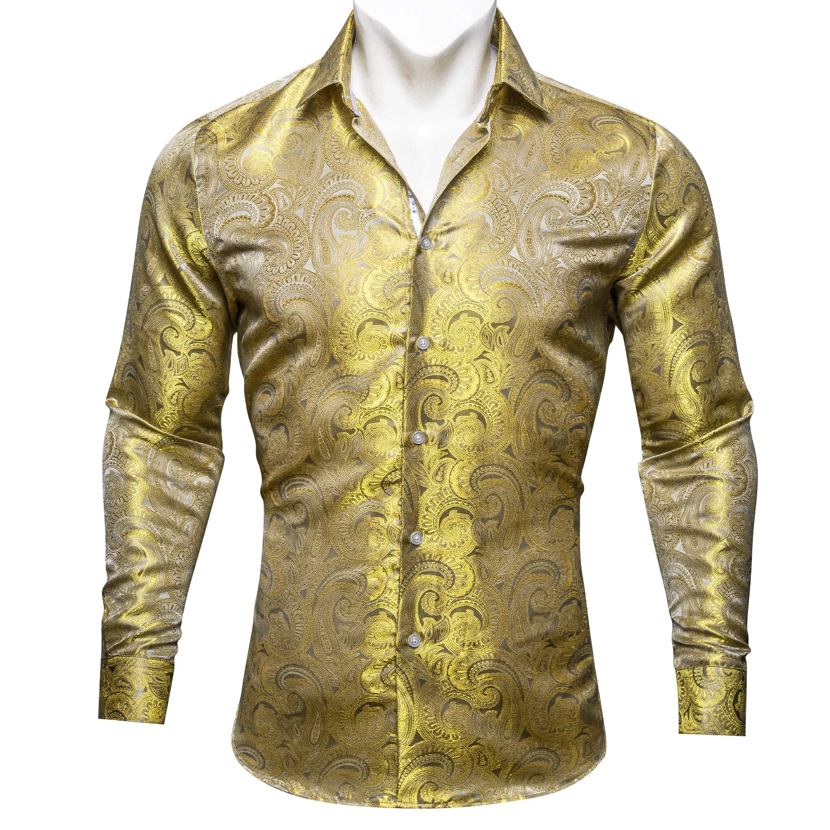 Barry Wang Button Down Shirt Gold Paisley Silk Men's Long Sleeve Shirt sold by Barrywang