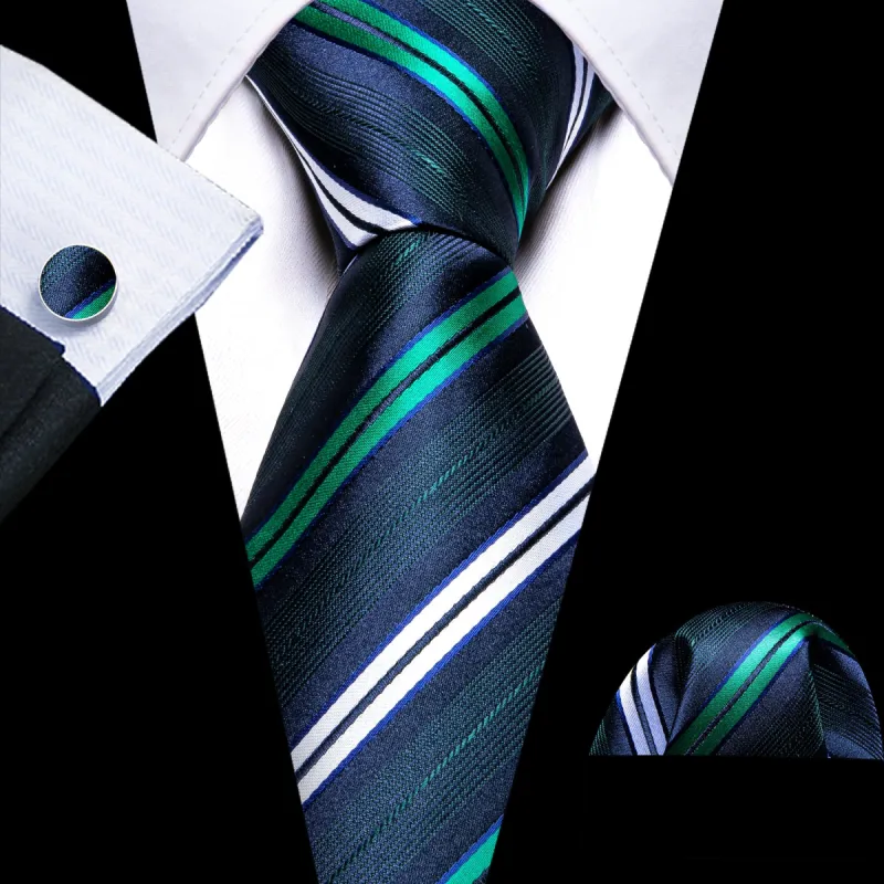 Barry Wang Deep Blue Tie with Green White Stripes Silk Men Necktie Set sold by Barrywang