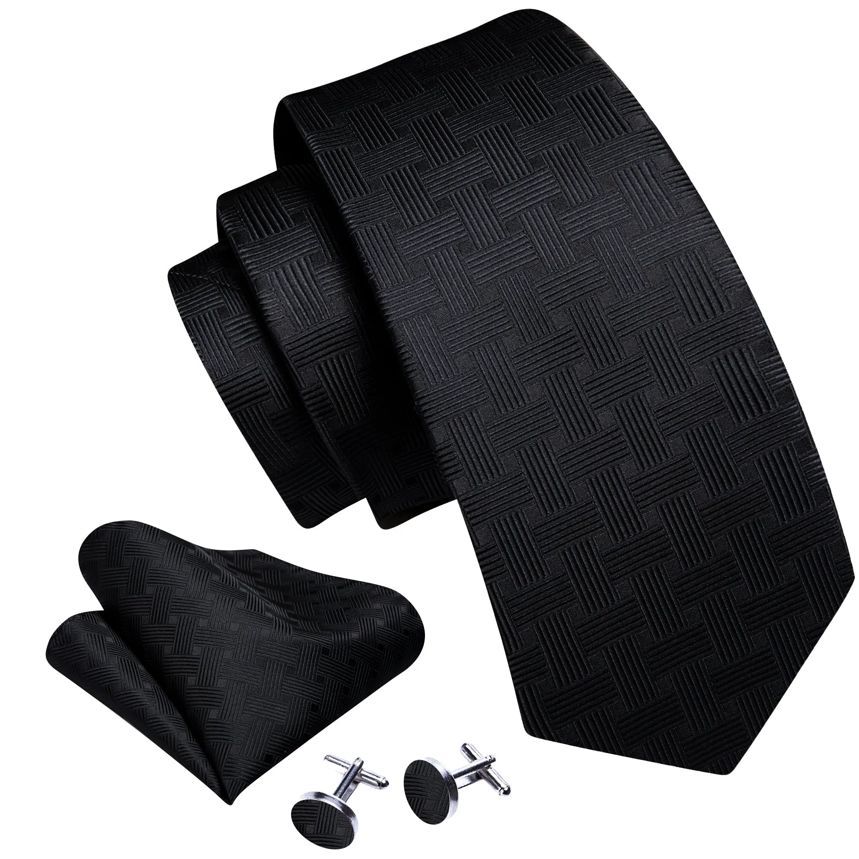 Barry. Wang Men's Black Striped Silk Tie Pocket Square Cufflinks Set sold by Barrywang product image thumbnail 2