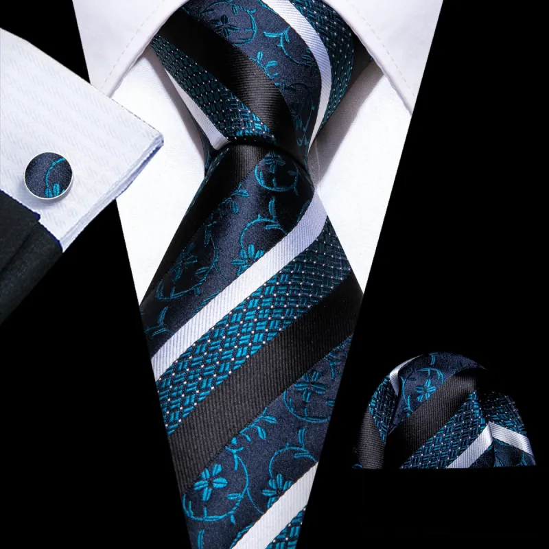 Barry Wang Mignight Blue Tie White Black Stripes Silk Novelty Tie Set sold by Barrywang