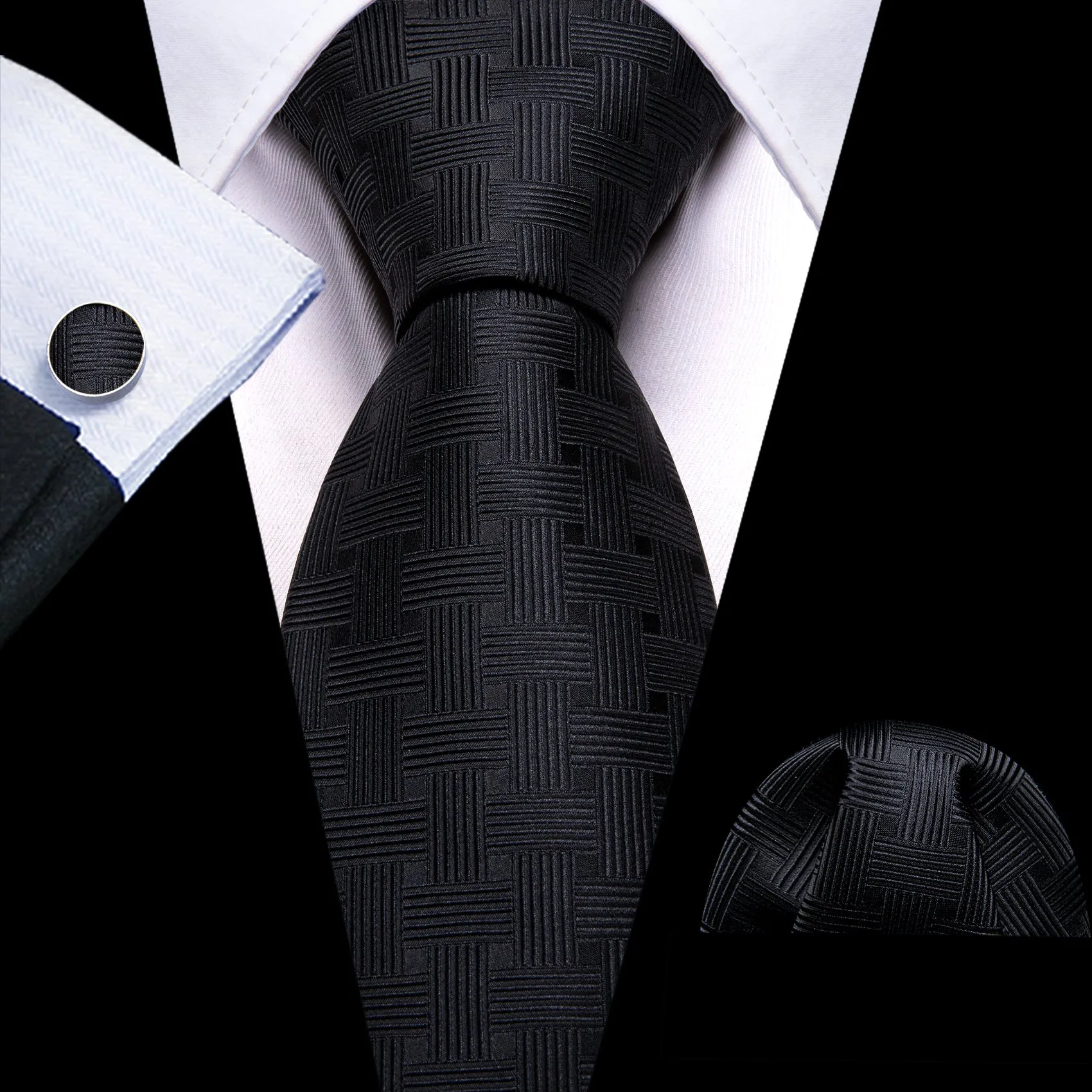 Barry. Wang Men's Black Striped Silk Tie Pocket Square Cufflinks Set sold by Barrywang