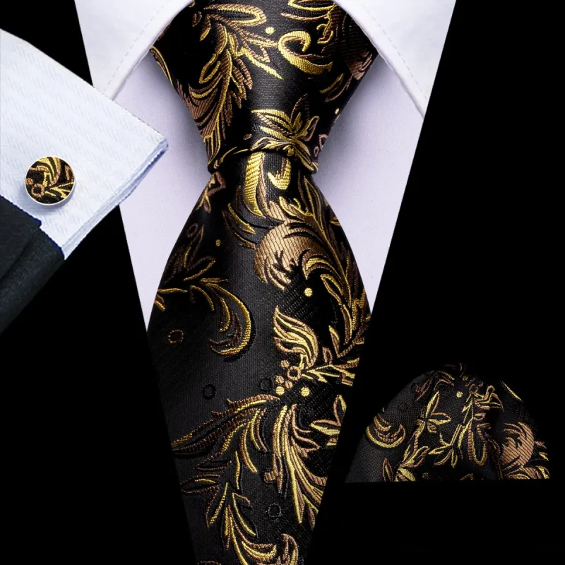 Barry. Wang Black Tie Tan Yellow Floral Jacquard Tie Hanky Cufflink Set sold by Barrywang