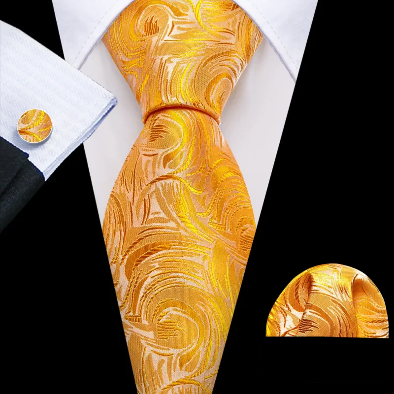 Barry Wang Marigold Orange Paisley Silk Tie Handkerchief Cufflinks Set sold by Barrywang