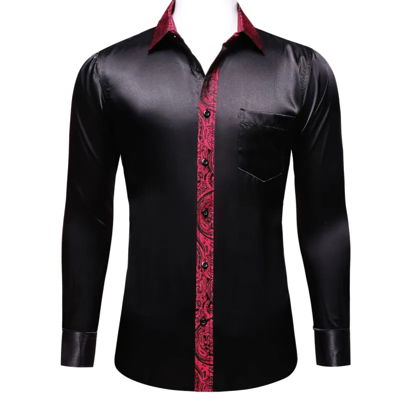 Barry. Wang Black Shirt with Red Paisley Cuff Long Sleeve Satin Shirt sold by Barrywang