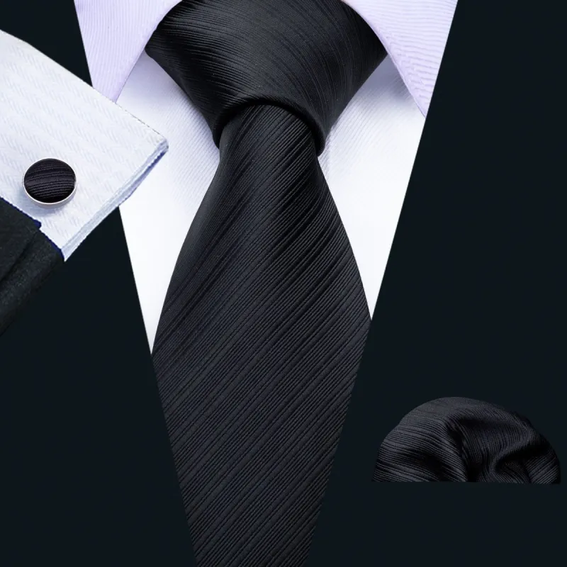 Barry. Wang Tie Set Black Striped Silk Men's Tie Hanky Cufflinks Set sold by Barrywang