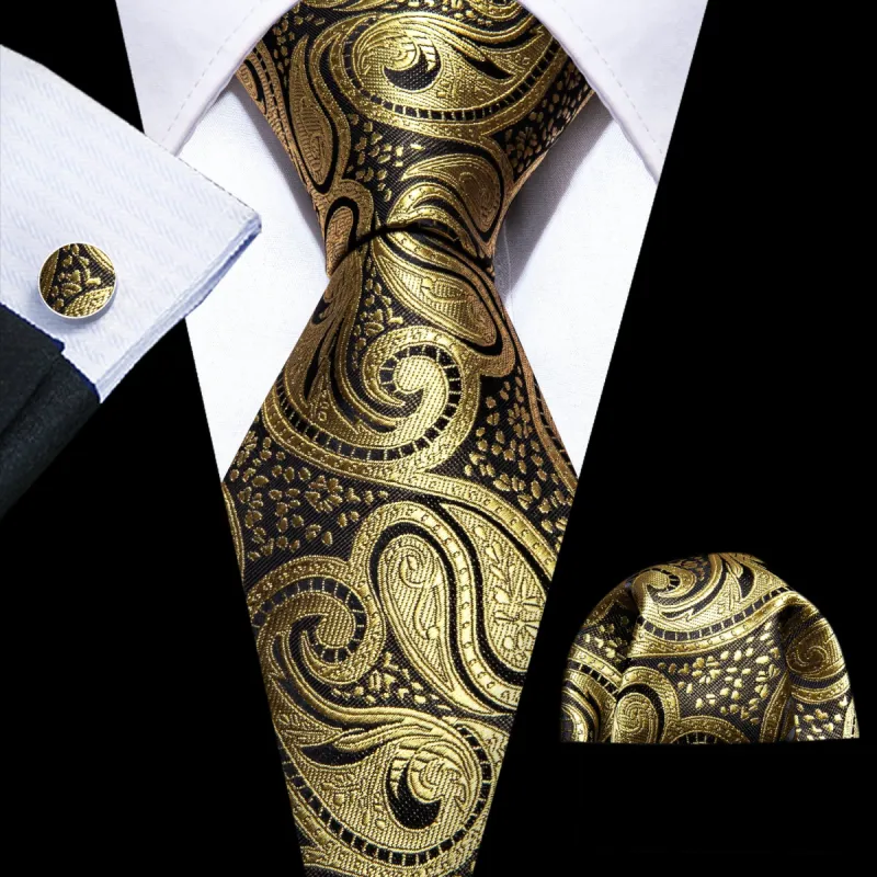 Barry Wang Gold Black Paisley Silk Men Tie Handkerchief Cufflinks Set sold by Barrywang