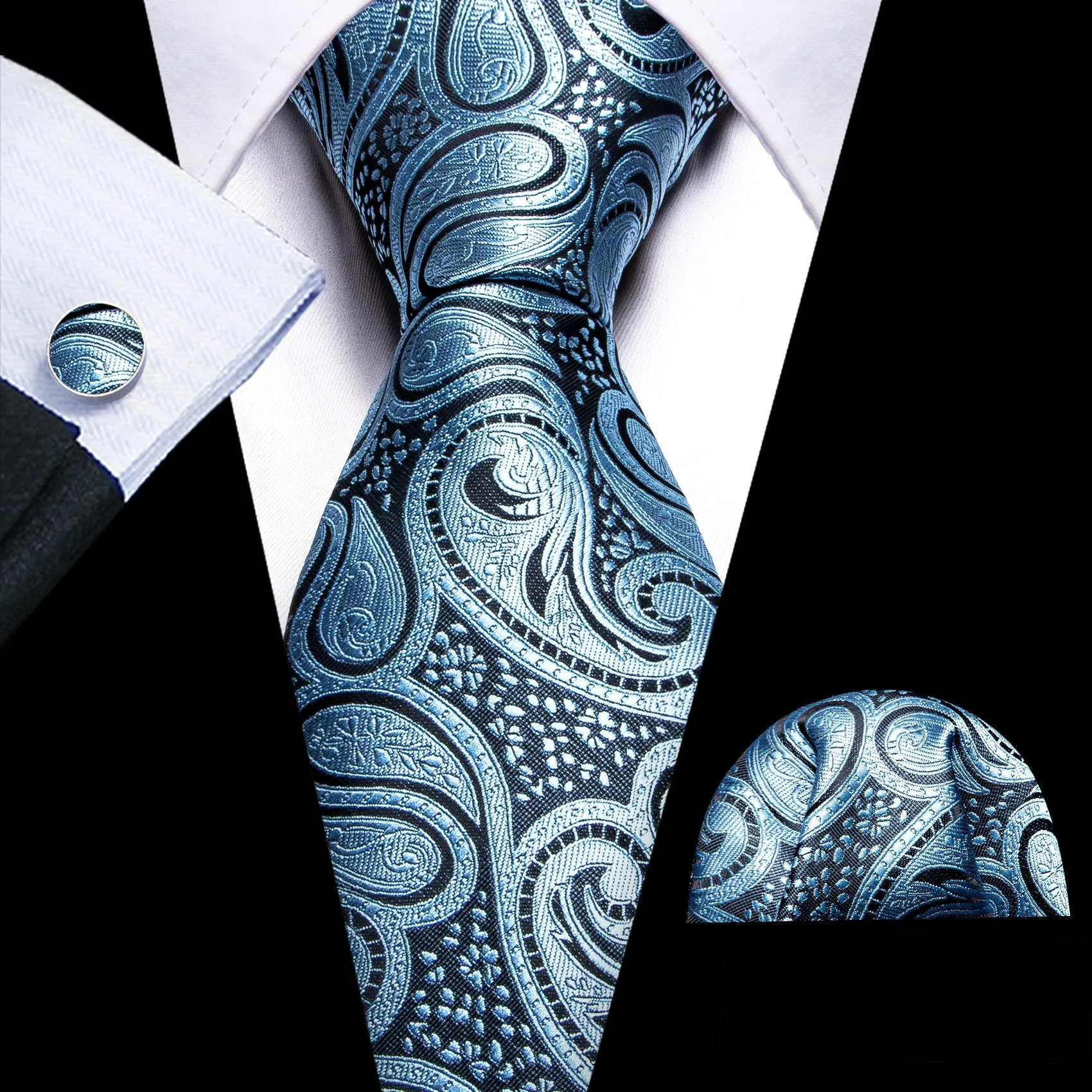 Barry Wang Light Blue Paisley Silk Men Tie Handkerchief Cufflinks Set sold by Barrywang