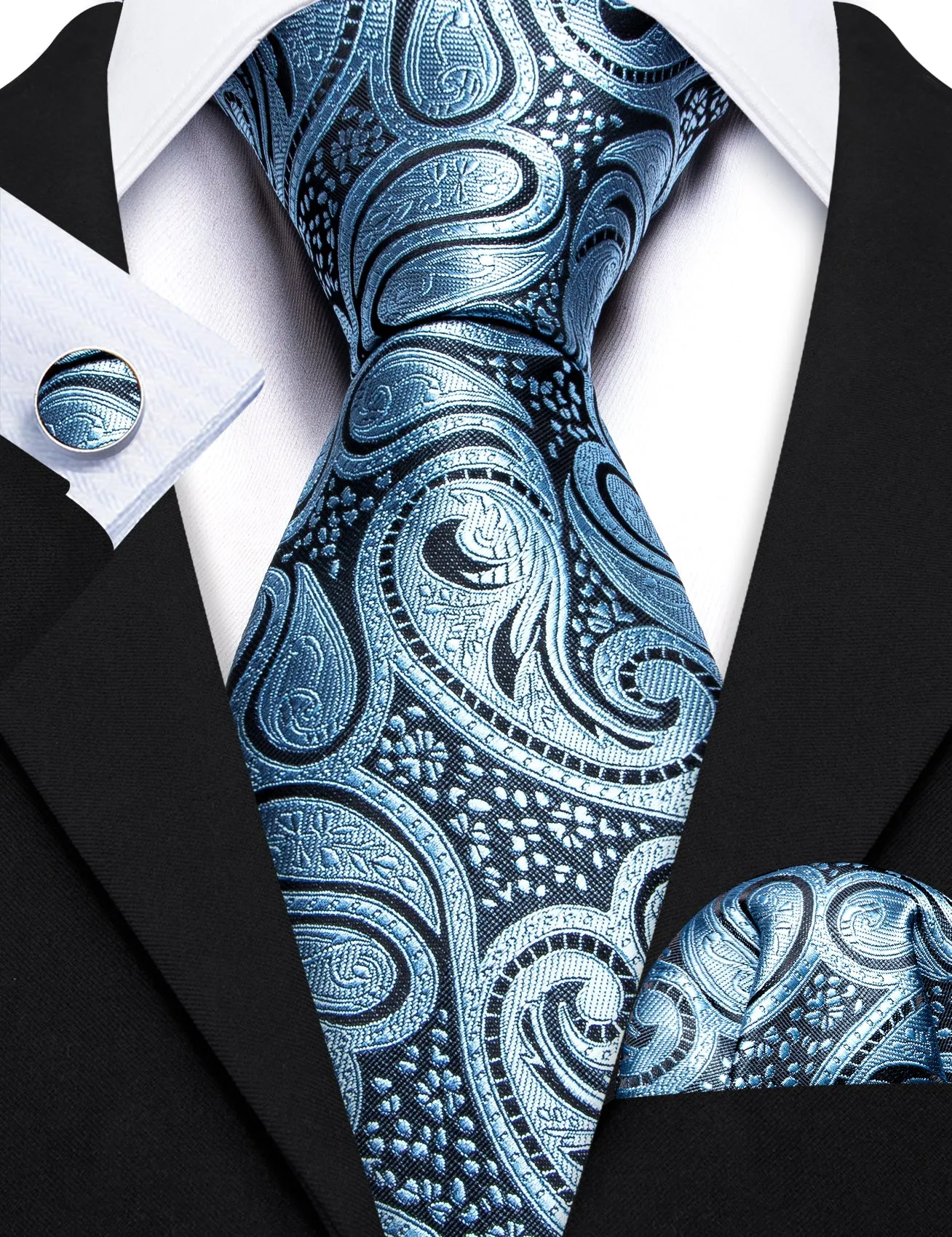 Barry Wang Light Blue Paisley Silk Men Tie Handkerchief Cufflinks Set sold by Barrywang product image thumbnail 3