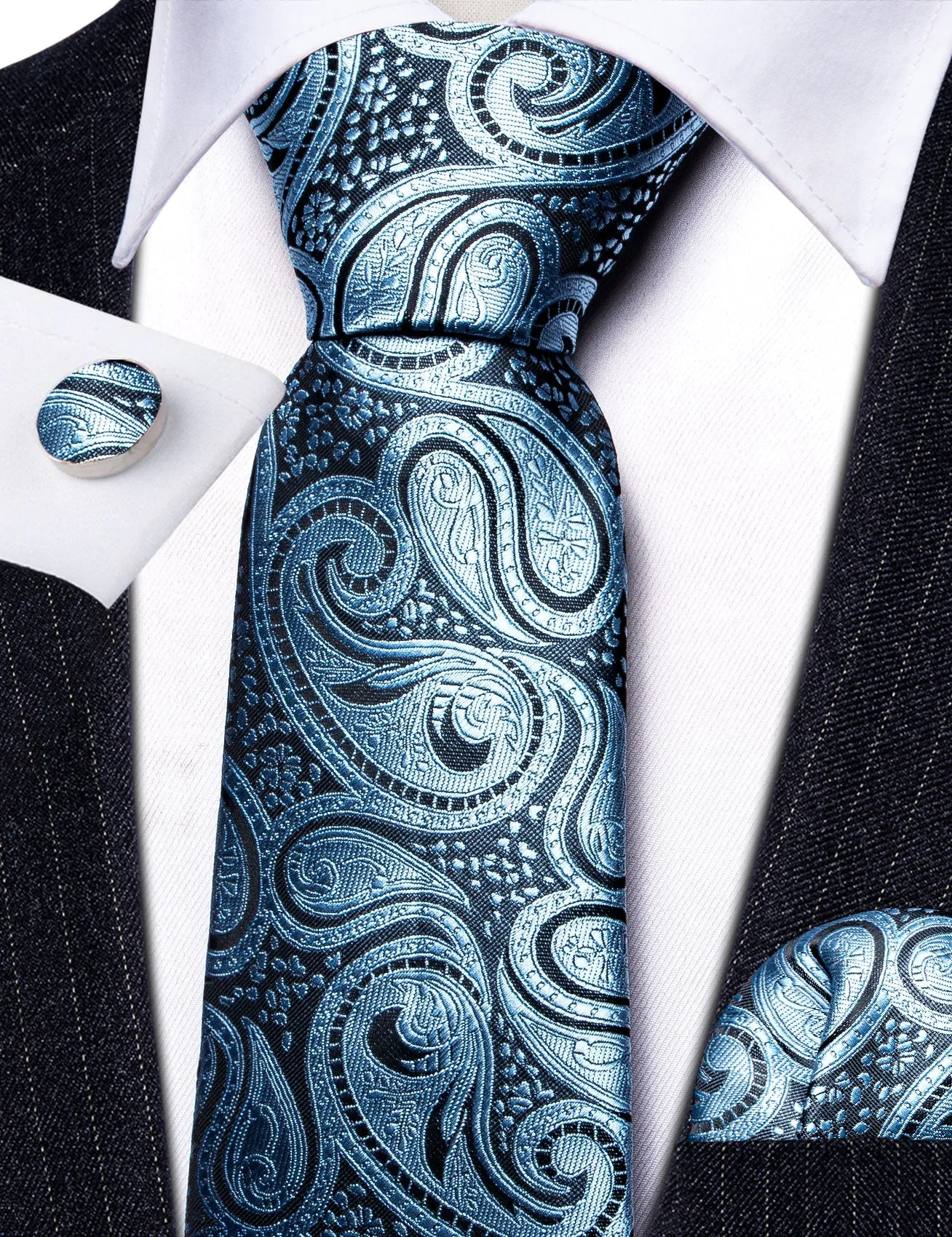 Barry Wang Light Blue Paisley Silk Men Tie Handkerchief Cufflinks Set sold by Barrywang product image thumbnail 4