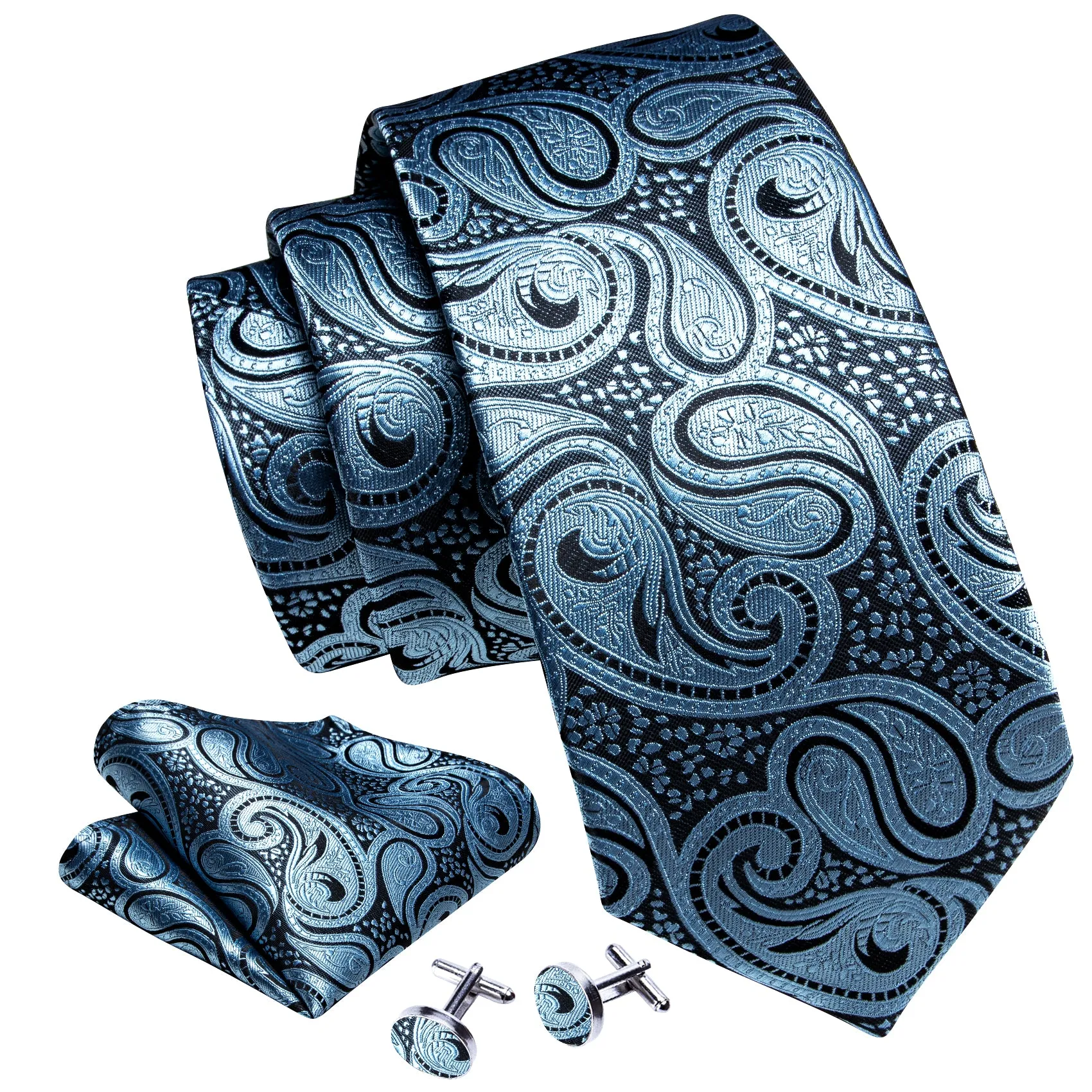 Barry Wang Light Blue Paisley Silk Men Tie Handkerchief Cufflinks Set sold by Barrywang product image thumbnail 5