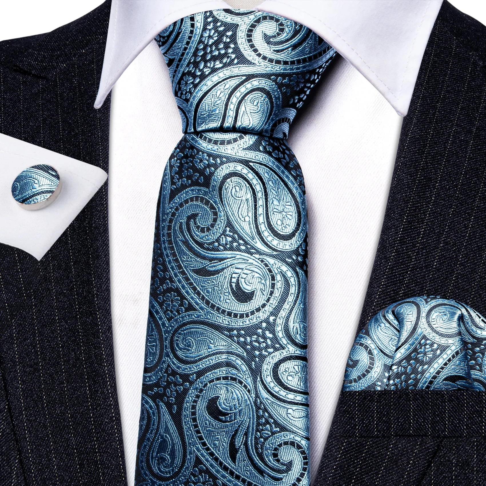 Barry Wang Light Blue Paisley Silk Men Tie Handkerchief Cufflinks Set sold by Barrywang product image thumbnail 2