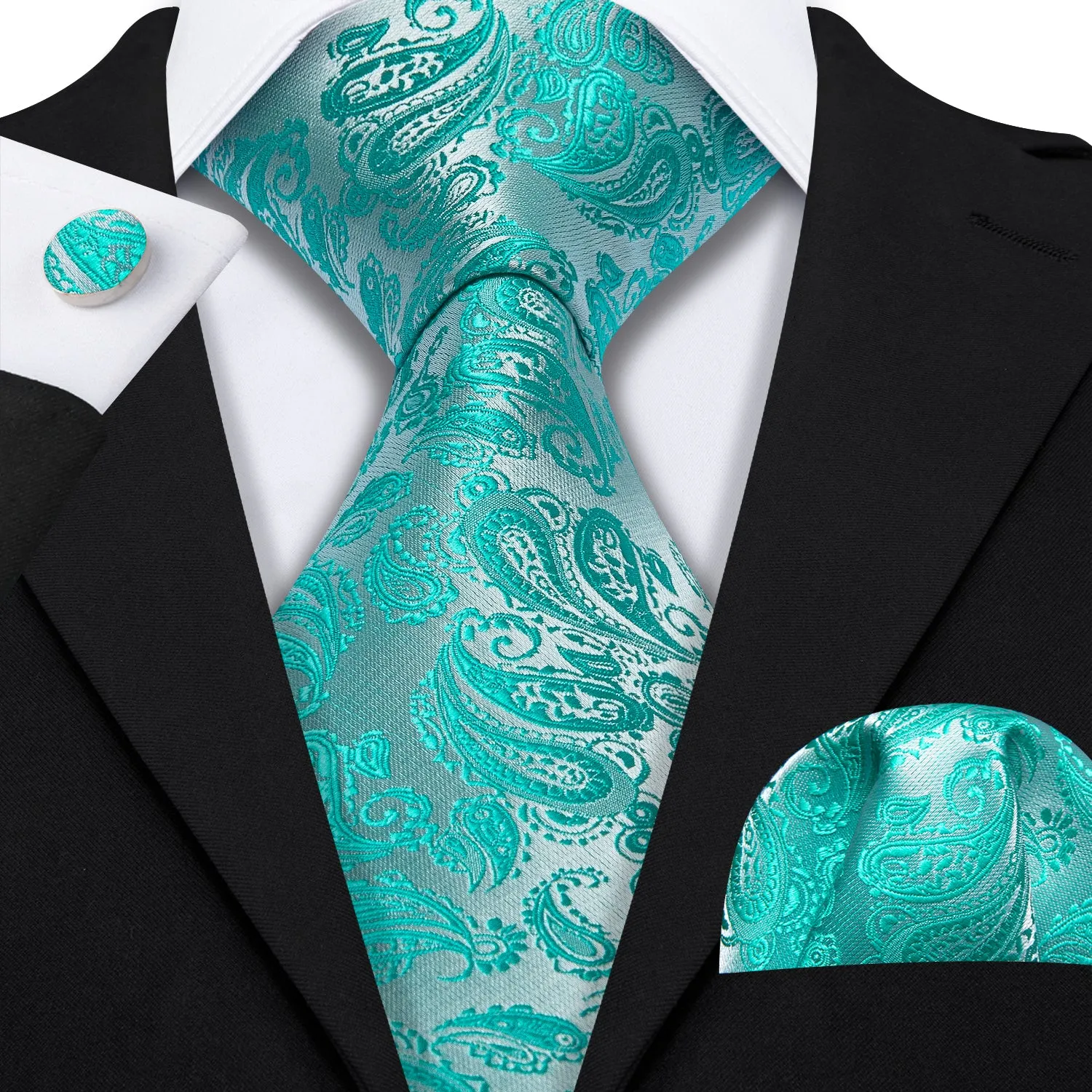 Barry Wang Aqua Silver Paisley Silk 63 Inches Tie Hanky Cufflinks Set sold by Barrywang product image thumbnail 5