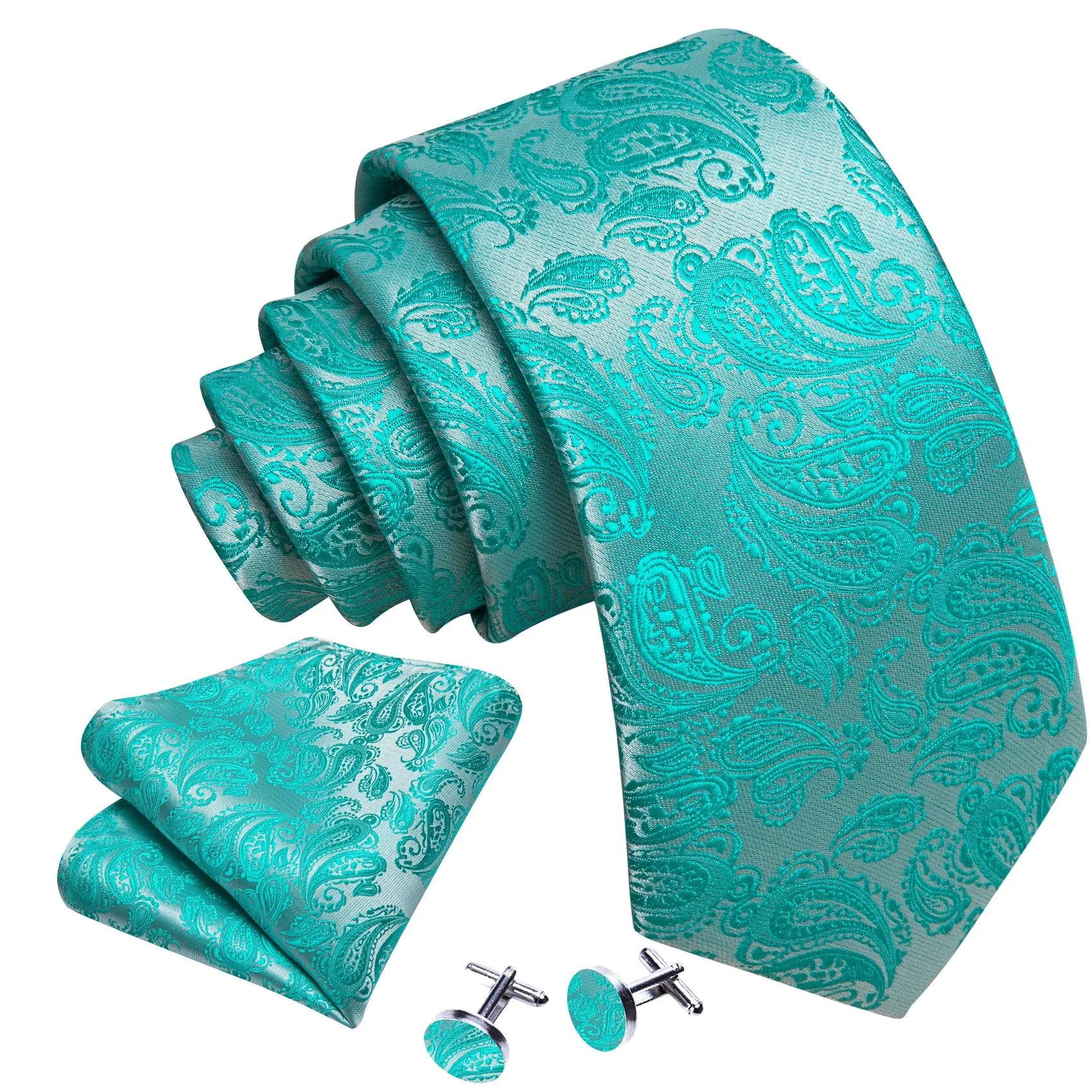 Barry Wang Aqua Silver Paisley Silk 63 Inches Tie Hanky Cufflinks Set sold by Barrywang product image thumbnail 4
