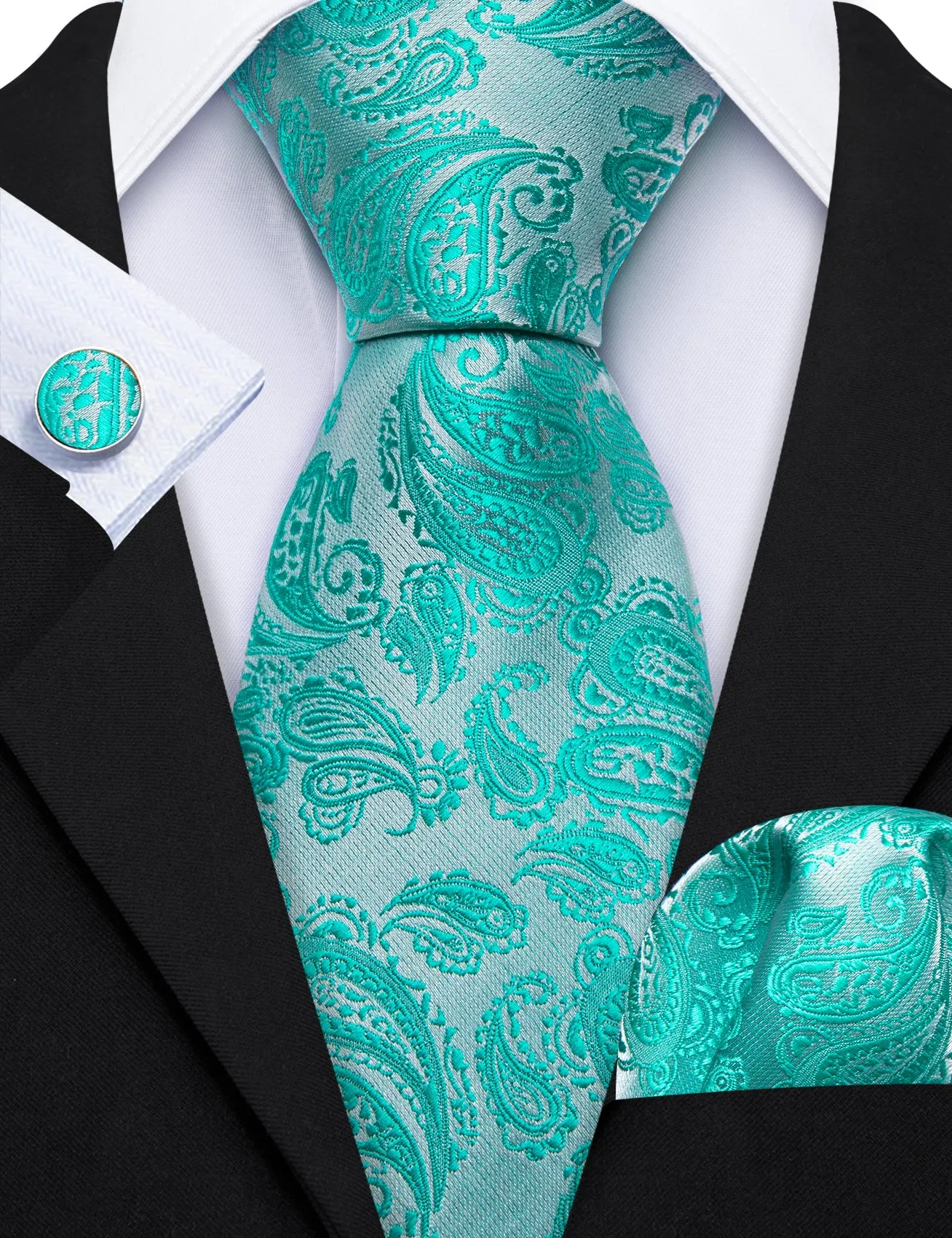 Barry Wang Aqua Silver Paisley Silk 63 Inches Tie Hanky Cufflinks Set sold by Barrywang product image thumbnail 2