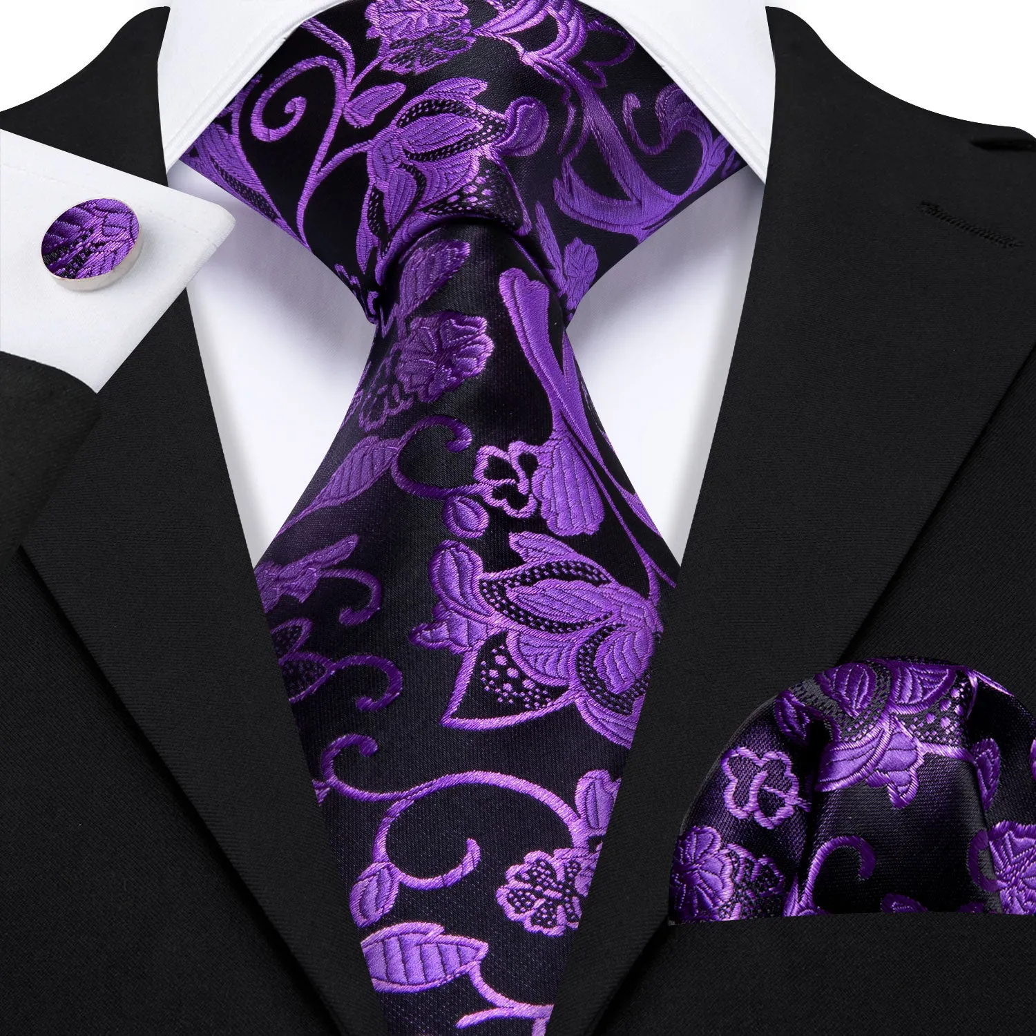 Barry Wang Men Purple Black Floral Silk Tie Handkerchief Cufflinks Set sold by Barrywang product image thumbnail 2