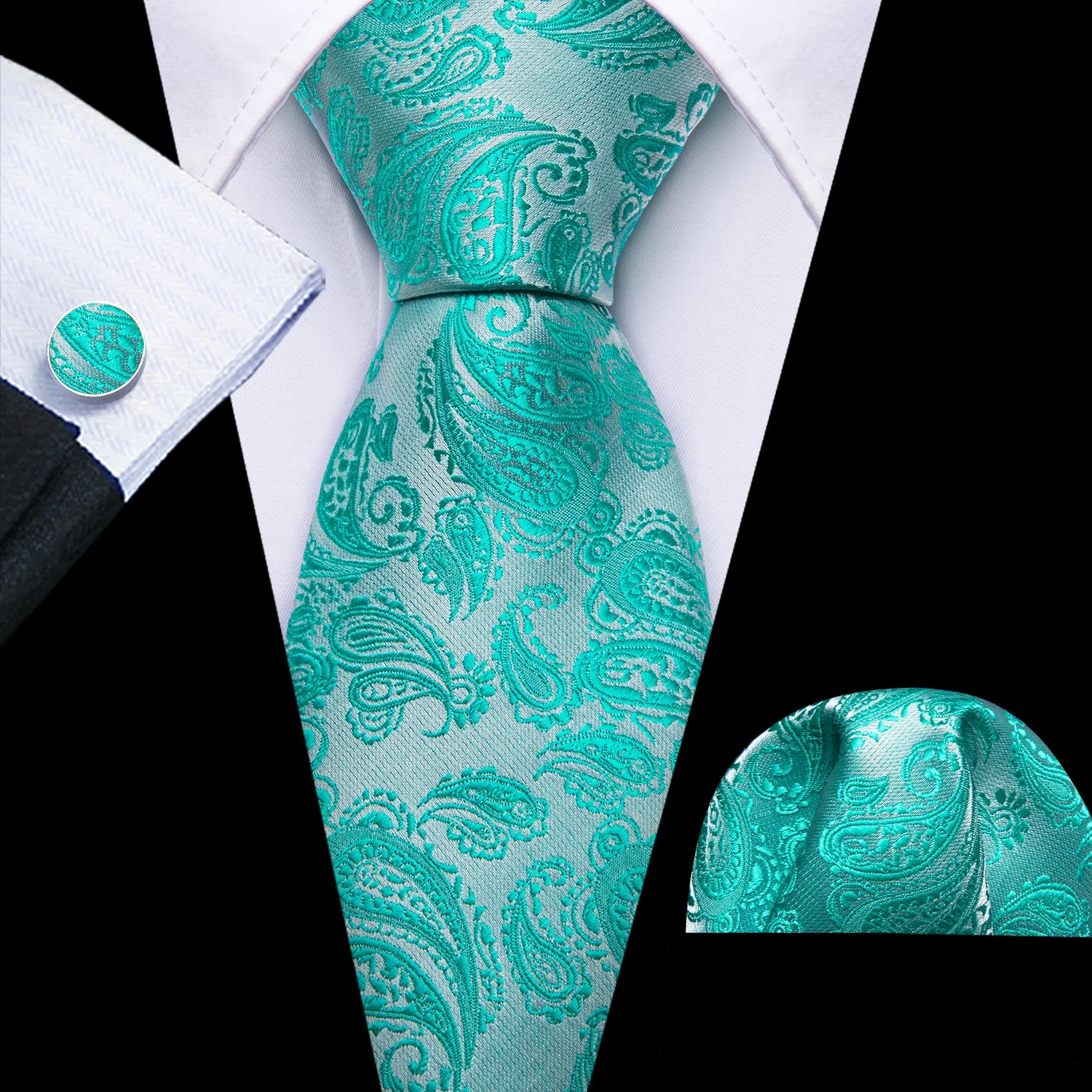 Barry Wang Aqua Silver Paisley Silk 63 Inches Tie Hanky Cufflinks Set sold by Barrywang