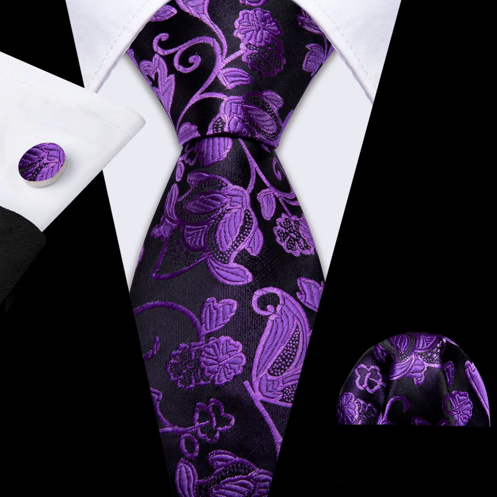 Barry Wang Men Purple Black Floral Silk Tie Handkerchief Cufflinks Set sold by Barrywang