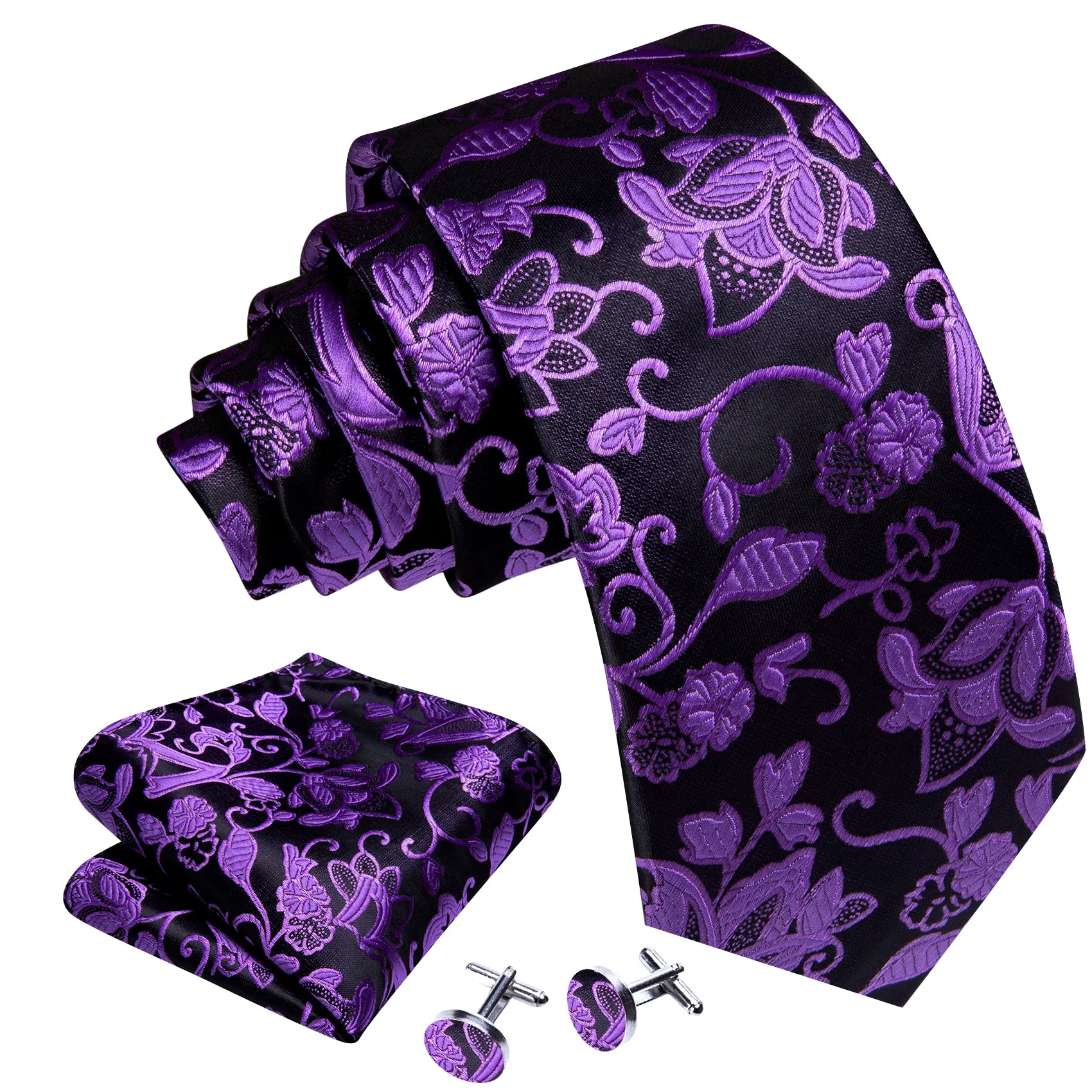 Barry Wang Men Purple Black Floral Silk Tie Handkerchief Cufflinks Set sold by Barrywang product image thumbnail 3