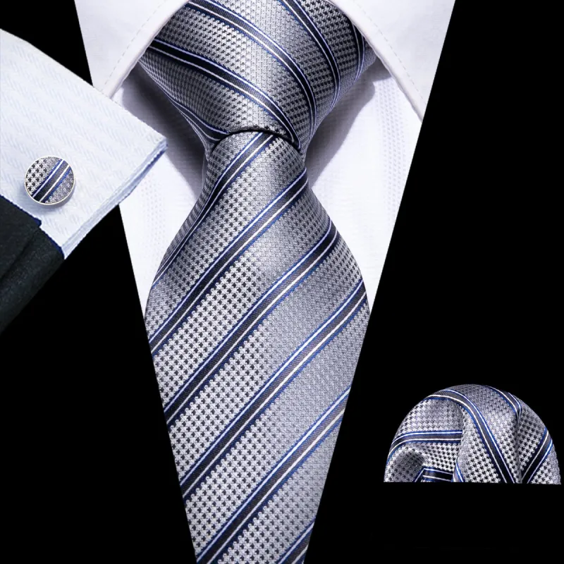 Barry Wang Grey Navy Blue Stripes Men's Pocket Square Cufflinks Set sold by Barrywang