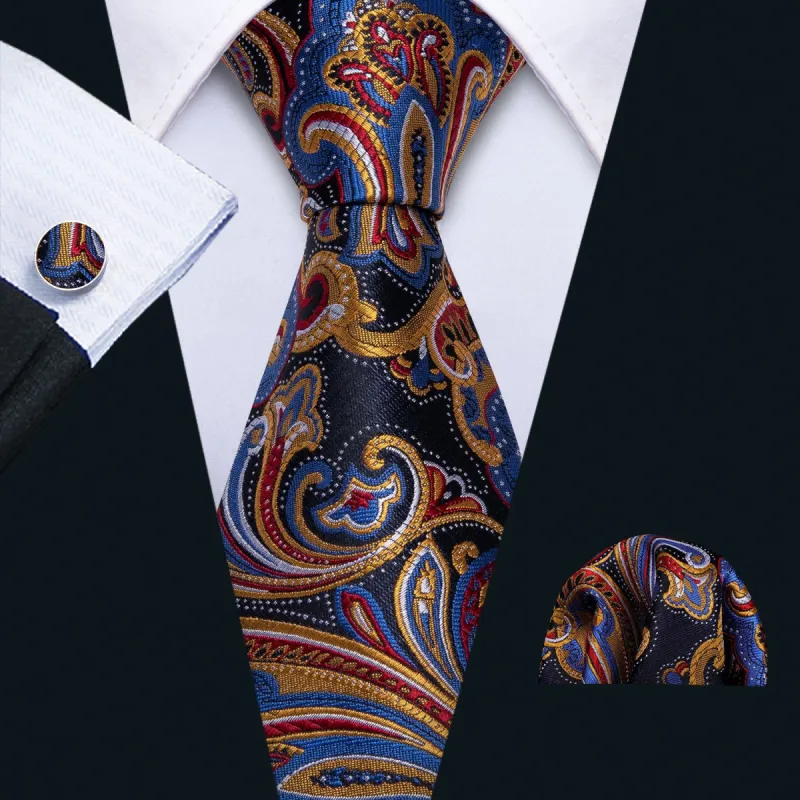 Barry. Wang Black Yellow Blue Floral Tie Pocket Square Cufflinks Set sold by Barrywang
