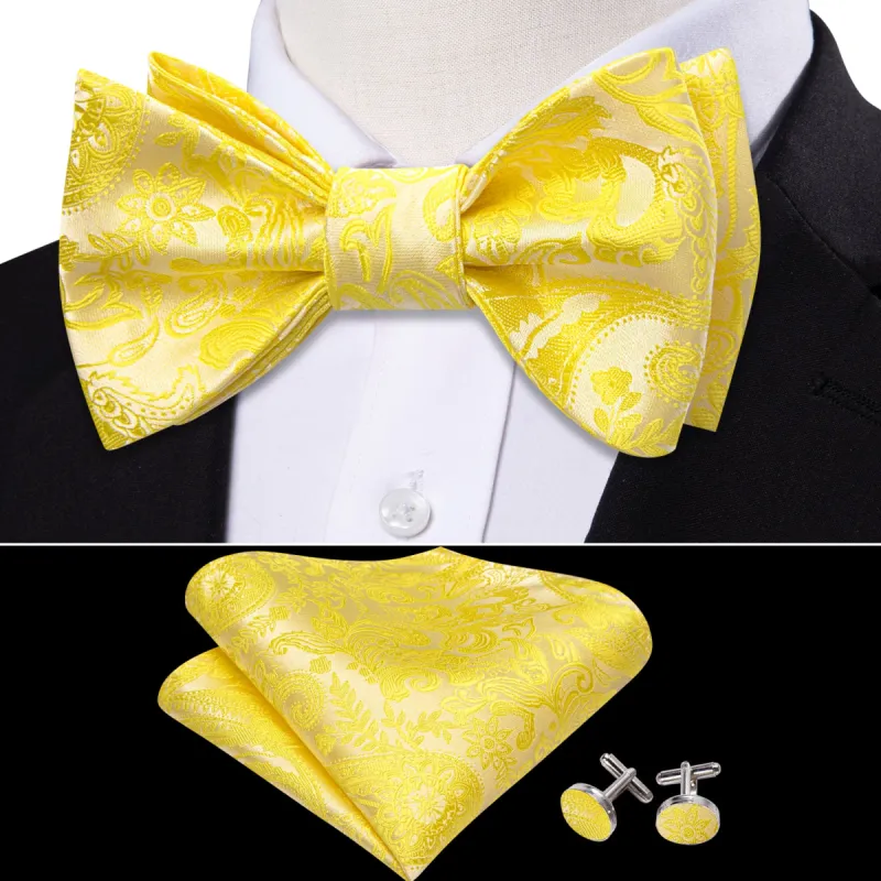 Barry Wang Light Yellow Ties Paisley Silk Bow Tie Hanky Cufflinks Set sold by Barrywang