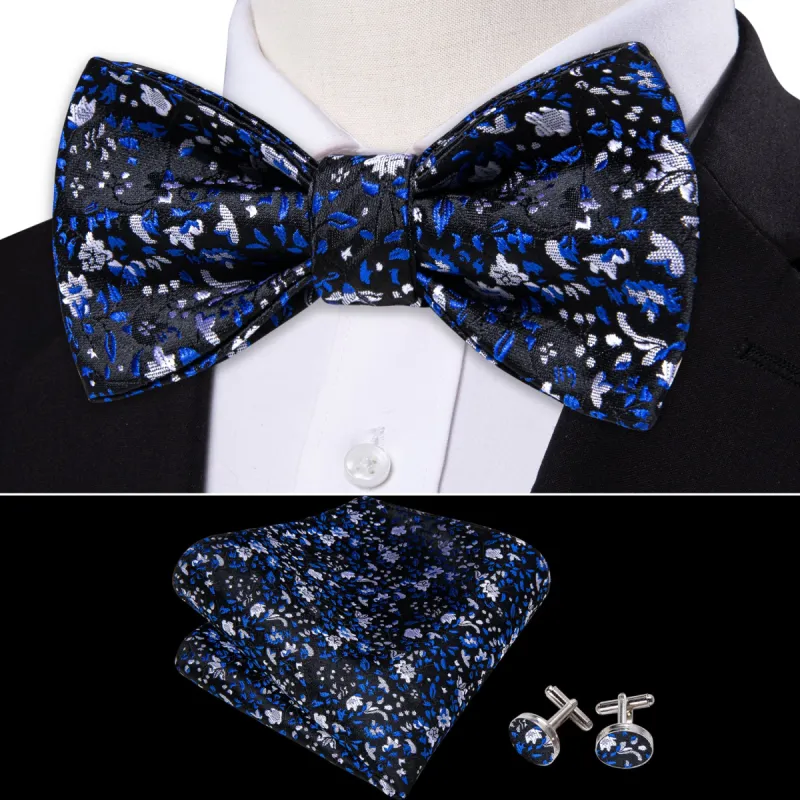 Barry Wang Black Blue Flower Silk Self Tie Bow Tie Hanky Cufflinks Set sold by Barrywang