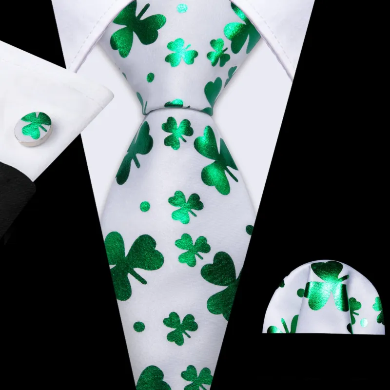 Barry Wang White Tie Clover Green Silk Tie Handkerchief Cufflinks Set for Men sold by Barrywang