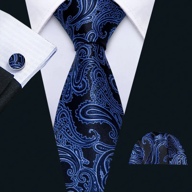 Barry. Wang Dark Blue Tie Black Paisley Tie Pocket Square Cufflinks Set sold by Barrywang