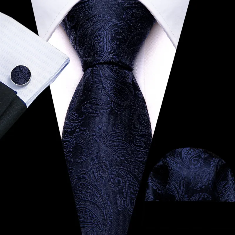 Barry Wang Extra Long Tie Midnight Blue Paisley Tie Hanky Cufflinks Set sold by Barrywang