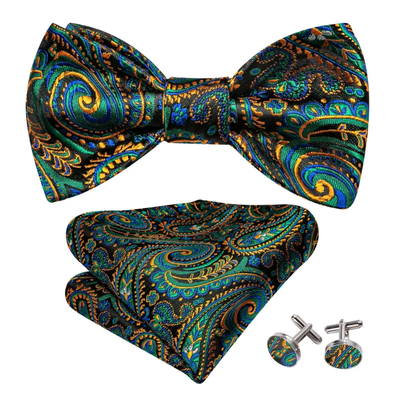 Barry. Wang Blue Tie Teal Orange Paisley Bow Tie Hanky Cufflinks Set sold by Barrywang