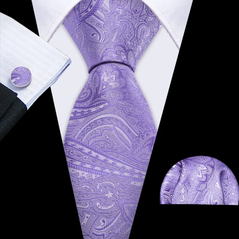 Barry Wang Purple Wedding Paisley Silk Tie Handkerchief Cufflink Set sold by Barrywang
