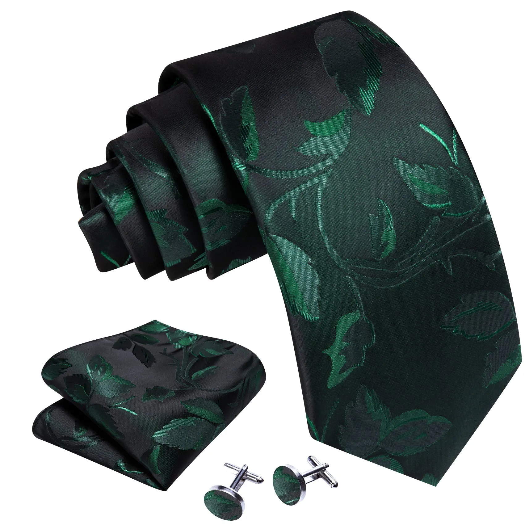 Barry Wang Black Green Floral Silk Tie Handkerchief Cufflinks Set sold by Barrywang product image thumbnail 3