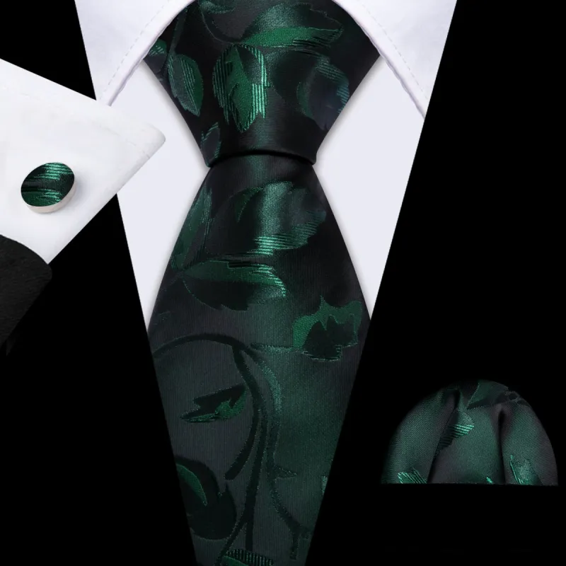 Barry Wang Black Green Floral Silk Tie Handkerchief Cufflinks Set sold by Barrywang