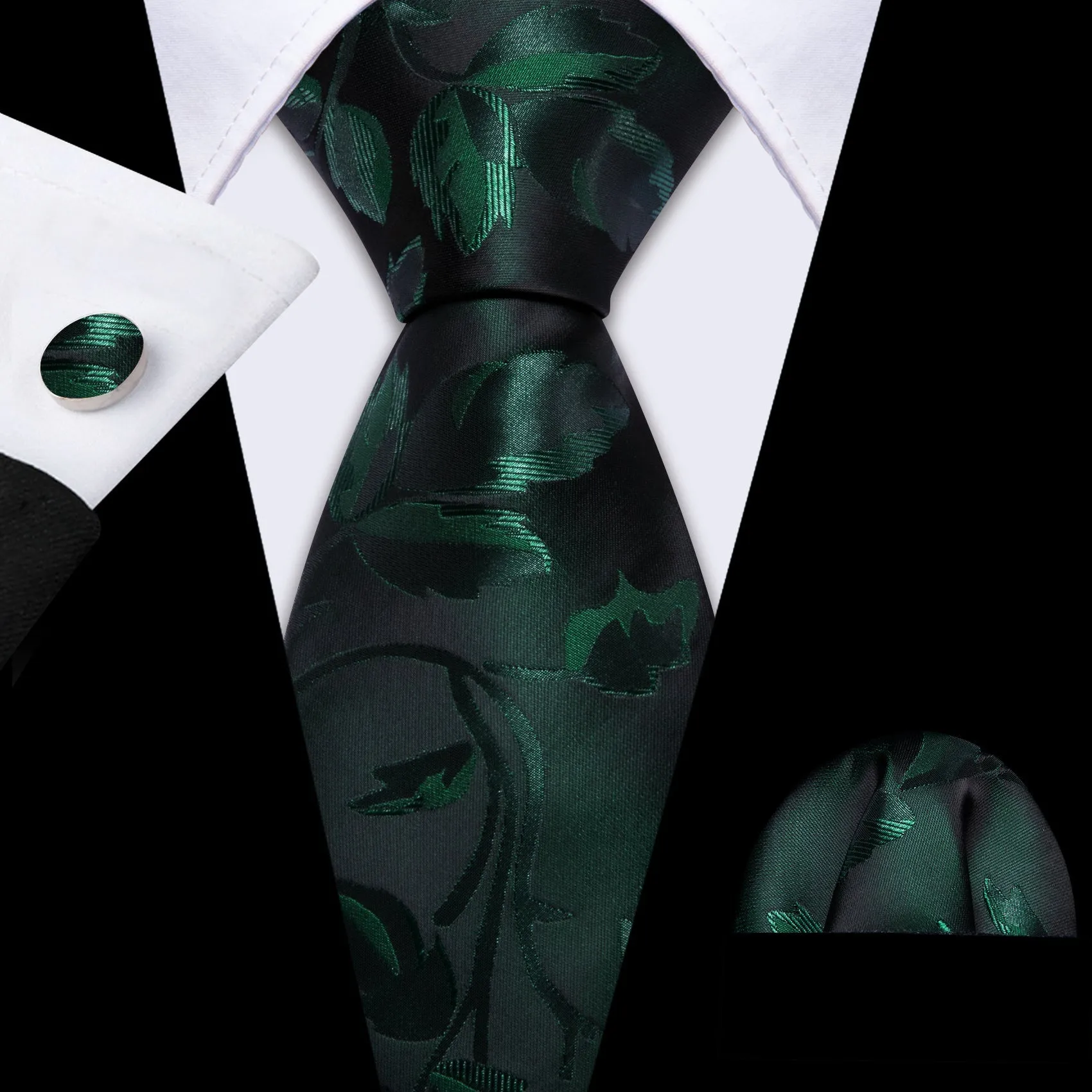 Barry Wang Black Green Floral Silk Tie Handkerchief Cufflinks Set sold by Barrywang