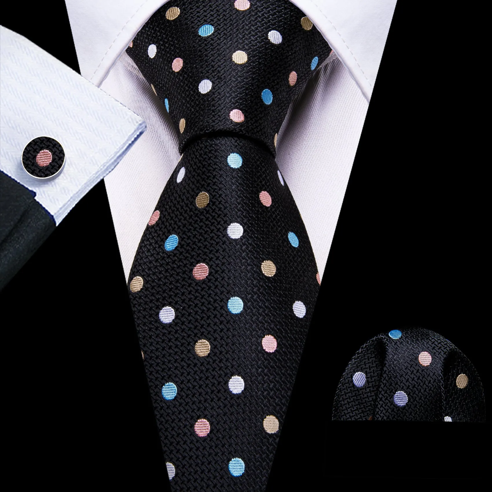 Barry Wang Black Tie Colorful Polka Dots Silk Tie Hanky Cufflinks Set sold by Barrywang