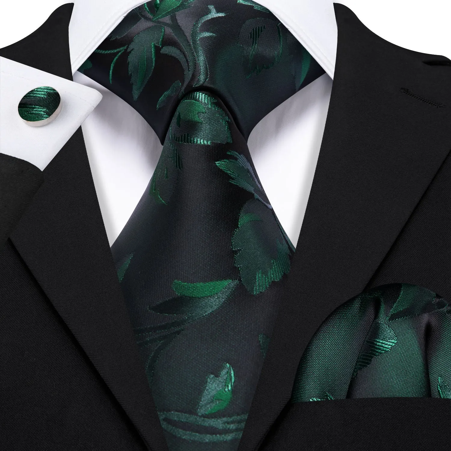 Barry Wang Black Green Floral Silk Tie Handkerchief Cufflinks Set sold by Barrywang product image thumbnail 2