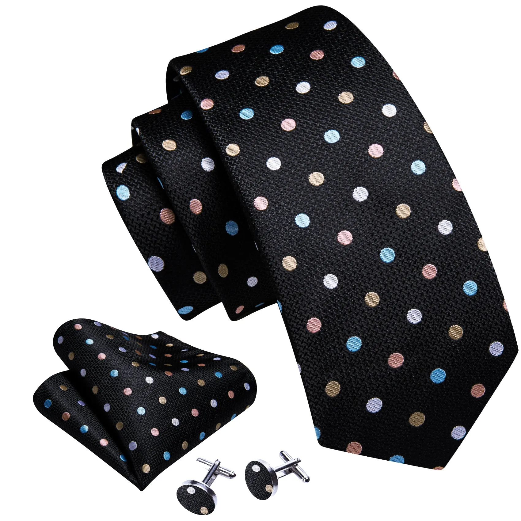 Barry Wang Black Tie Colorful Polka Dots Silk Tie Hanky Cufflinks Set sold by Barrywang product image thumbnail 2
