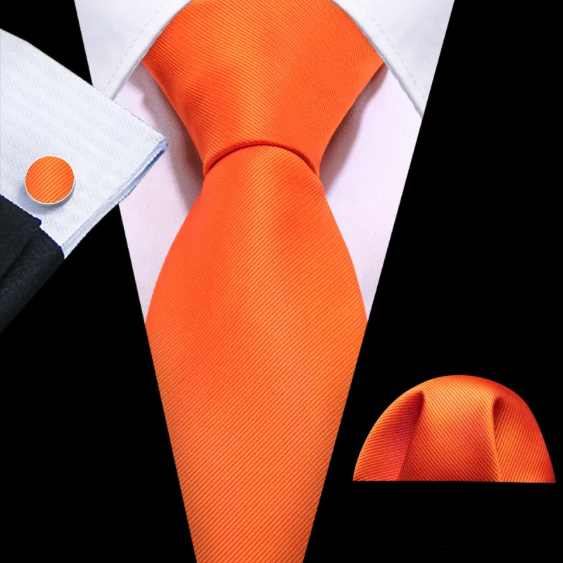 Barry.Wang Orange Tie Woven Solid Silk Tie Pocket Square Cufflinks Set sold by Barrywang