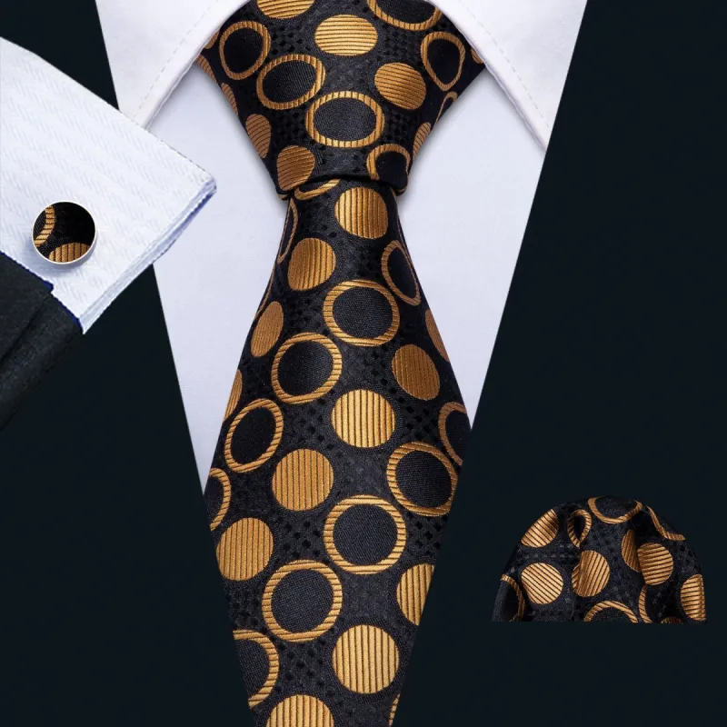 Barry. Wang Black Tie Golden Men's Necktie Pocket Square Cufflinks Set sold by Barrywang