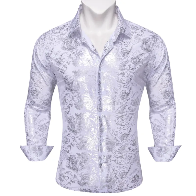 Barry. Wang White Shirt Silver Pattern Men's Novelty Long Sleeve Shirt sold by Barrywang