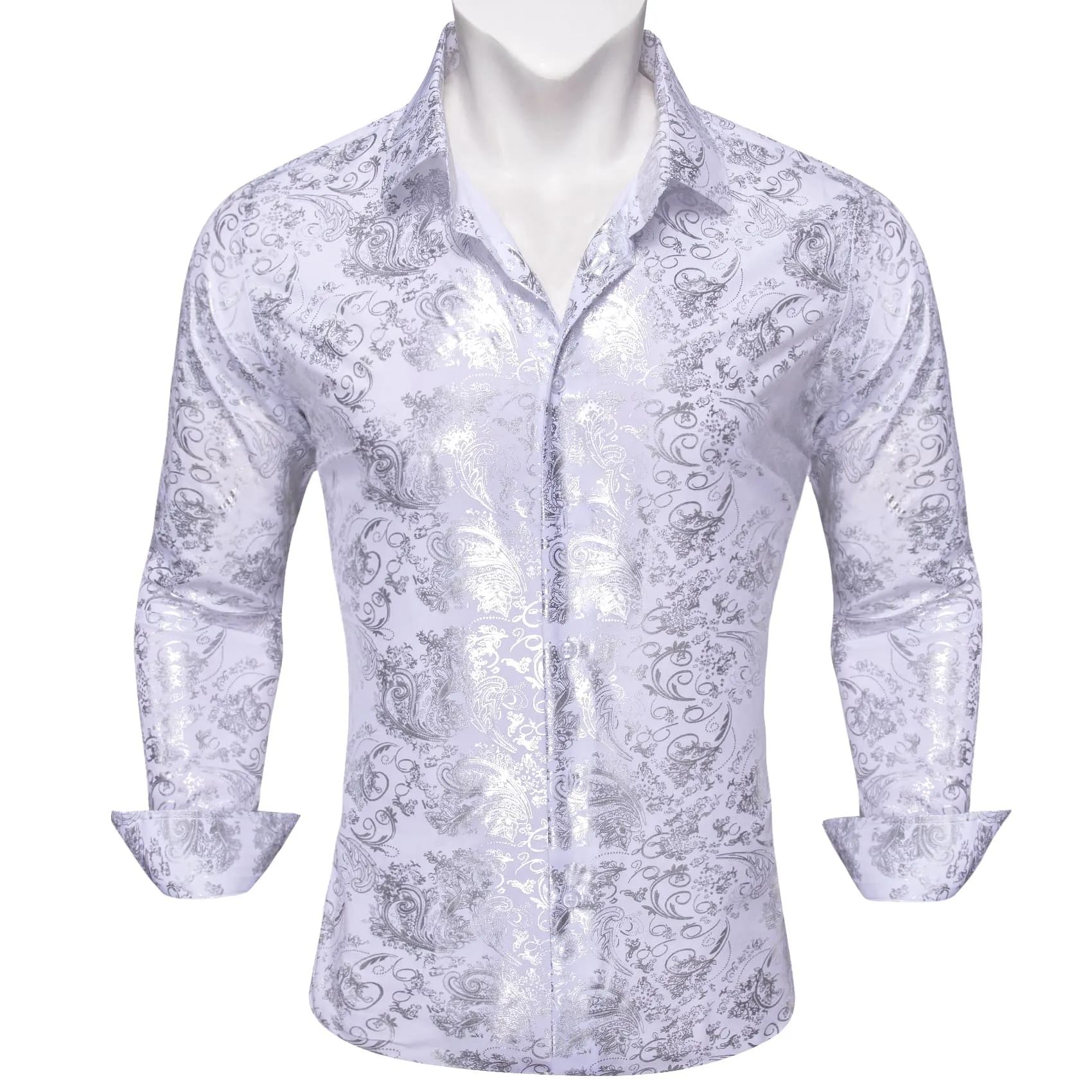 Barry. Wang White Shirt Silver Pattern Men's Novelty Long Sleeve Shirt sold by Barrywang