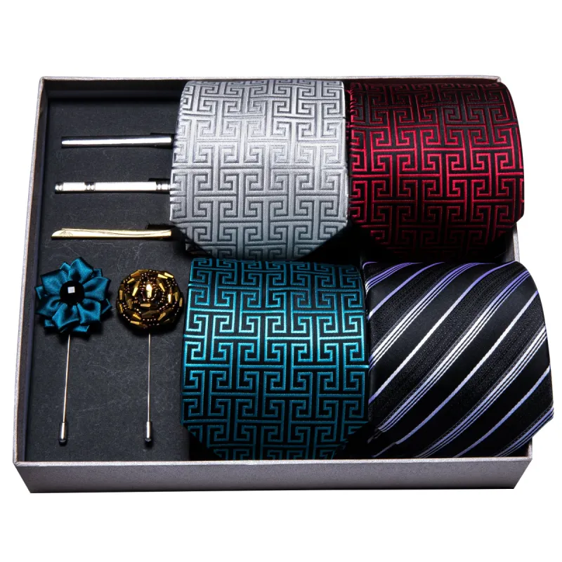 4pcs Men Tie Blue Red Barry Wang Tie Hanky Clip Lapel Pin Gift Box Set sold by Barrywang