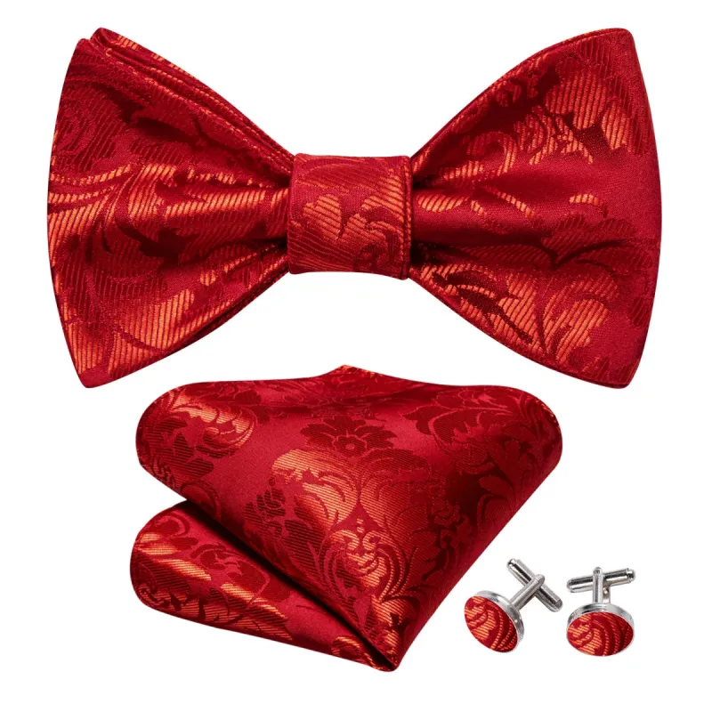 Red Floral Silk Bow Tie Hanky Cufflinks Set sold by Barrywang