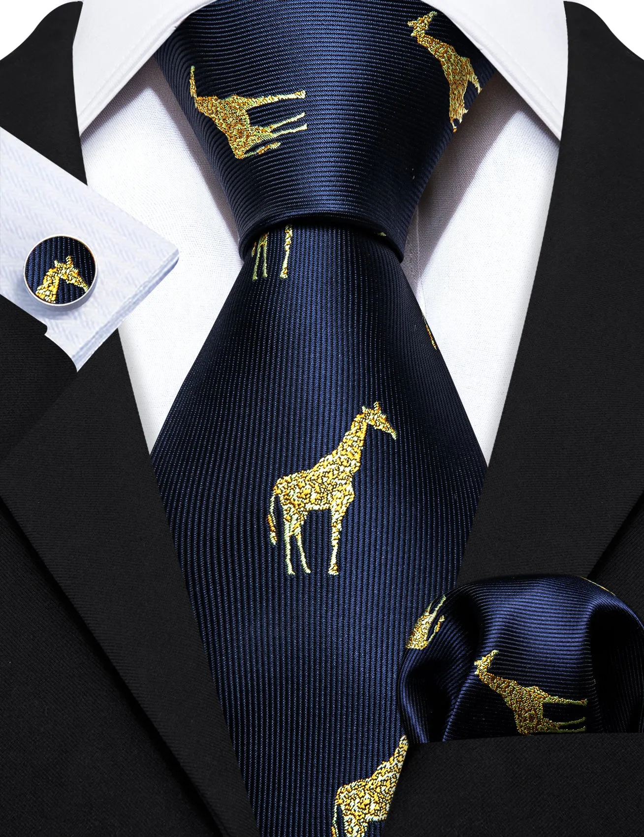 Barry Wang Navy Blue Tie Gold Giraffe Silk Tie Hanky Cufflinks Set sold by Barrywang product image thumbnail 3
