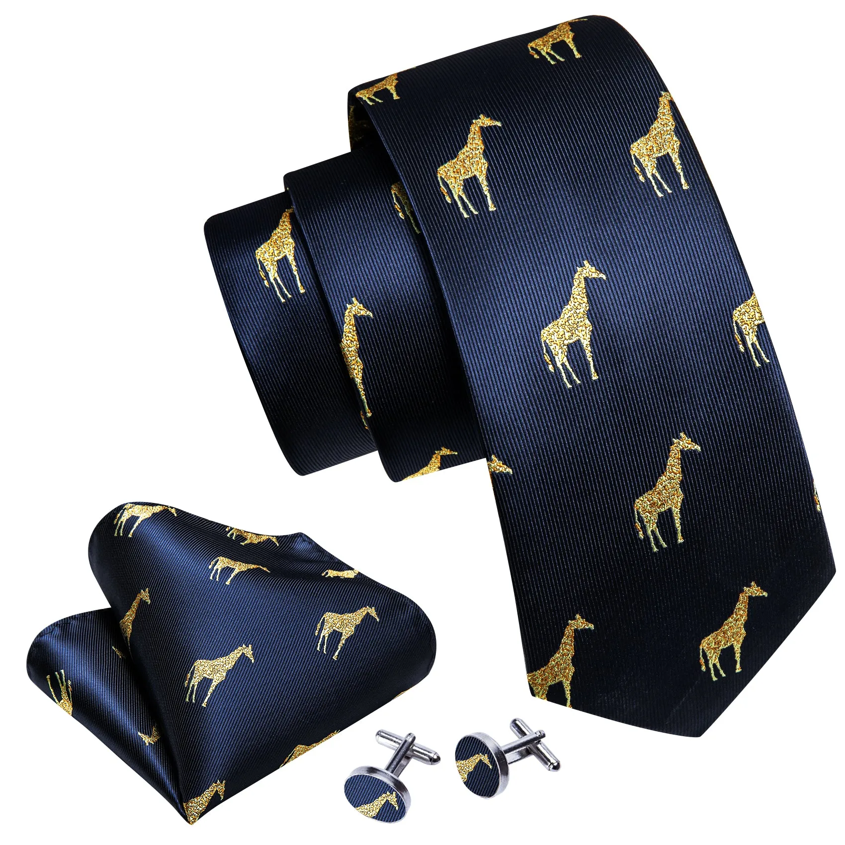 Barry Wang Navy Blue Tie Gold Giraffe Silk Tie Hanky Cufflinks Set sold by Barrywang product image thumbnail 5