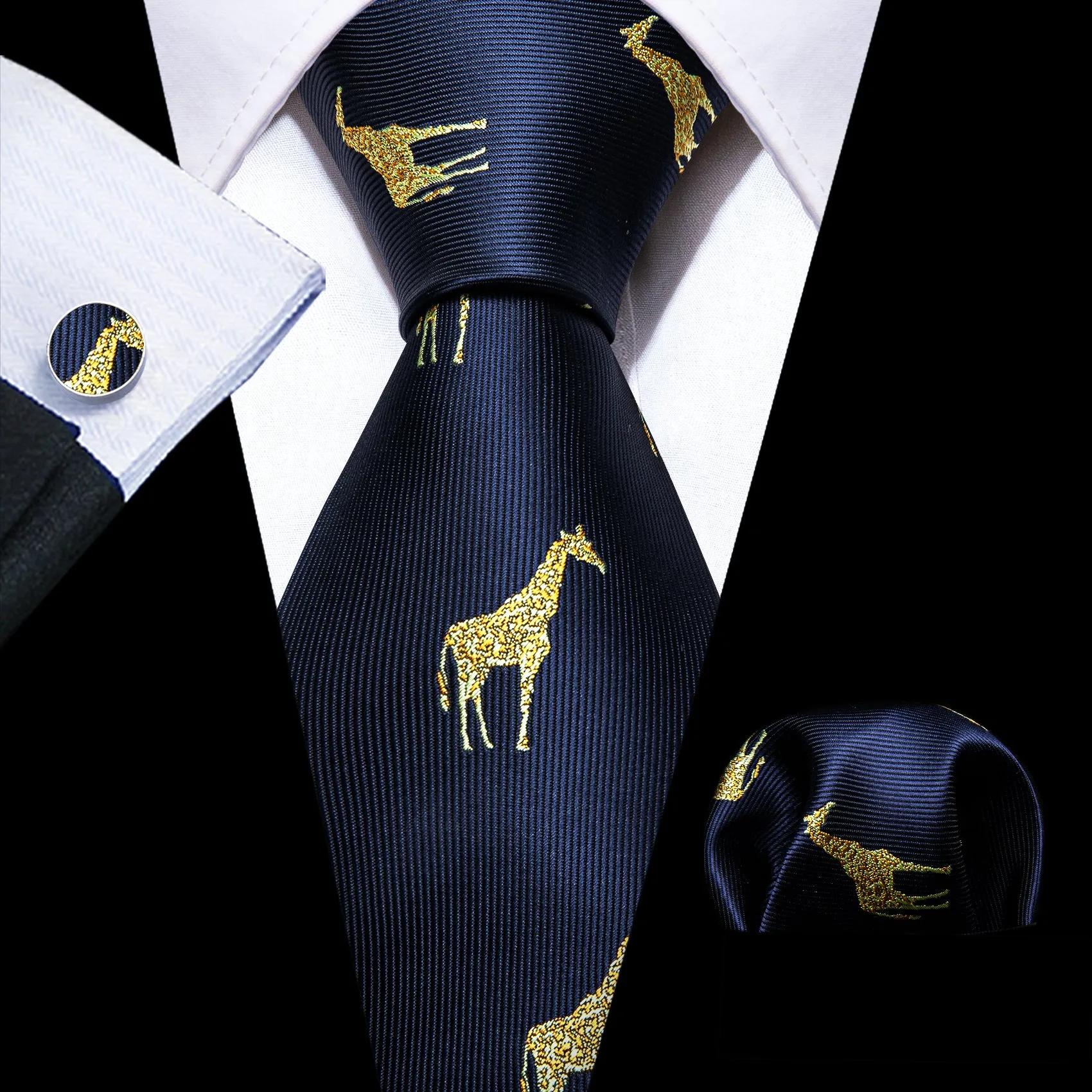 Barry Wang Navy Blue Tie Gold Giraffe Silk Tie Hanky Cufflinks Set sold by Barrywang