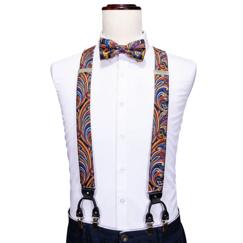 Barry Wang Blue Yellow Paisley Y Back Adjustable Bowtie Suspenders Set sold by Barrywang