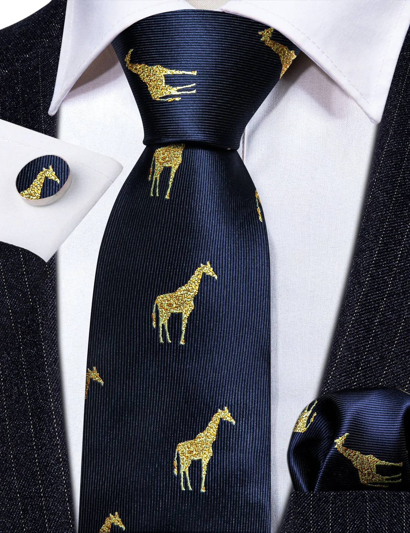 Barry Wang Navy Blue Tie Gold Giraffe Silk Tie Hanky Cufflinks Set sold by Barrywang product image thumbnail 4
